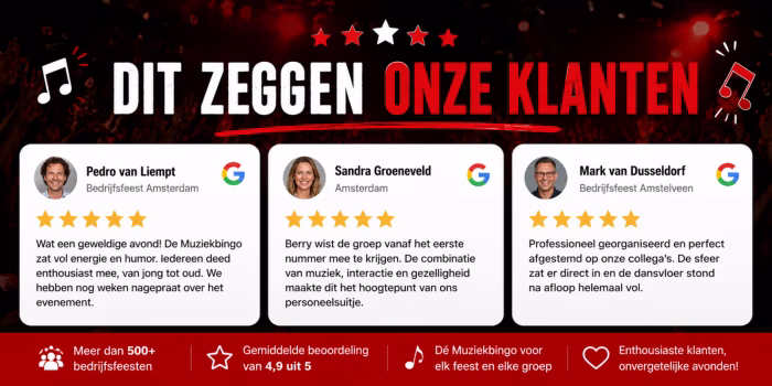 Reacties van klanten voor een muziekbingo in Amstedam